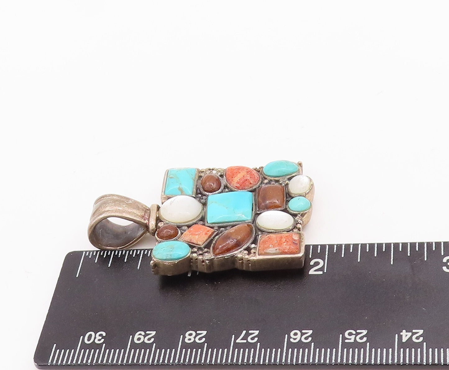 925 Sterling Silver Vintage Pendant Large Square Multi Stone Multi Shape PT23338