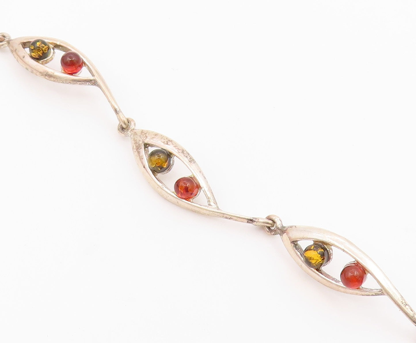 925 Sterling Silver  Vintage Petite Cabochon Cut Amber Chain Bracelet  BT8772
