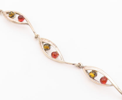 925 Sterling Silver  Vintage Petite Cabochon Cut Amber Chain Bracelet  BT8772