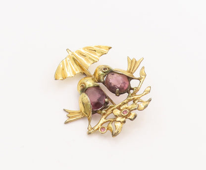 925 Sterling Silver Vintage Brooch Pin CZ Inlay Birds Under Umbrella  BP11053
