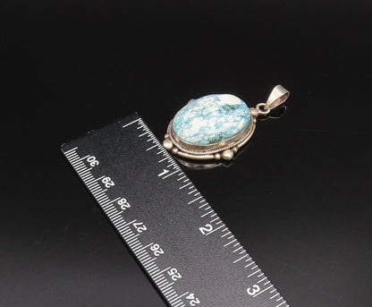 925 Silver  Vintage Bead & Rope Edge Cabochon Blue Spot Jasper Pendant PT21866