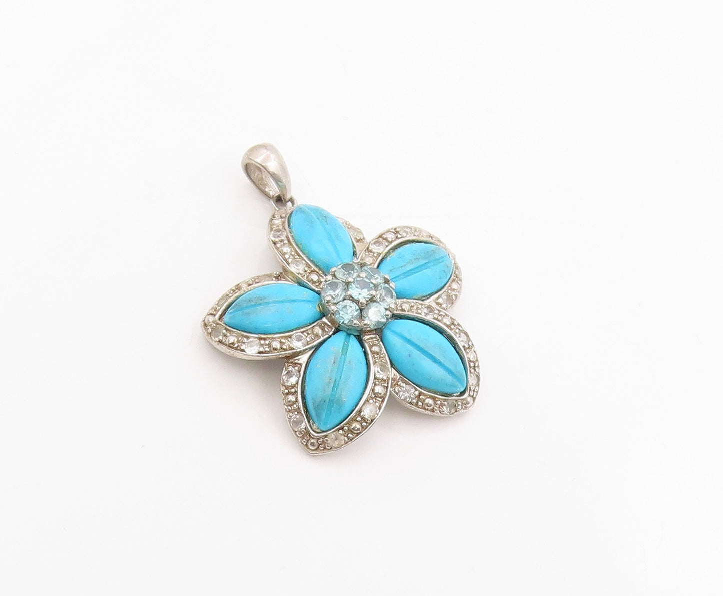 925 Sterling Silver Vintage Pendant Turquoise & Blue Topaz Floral Petal  PT26109
