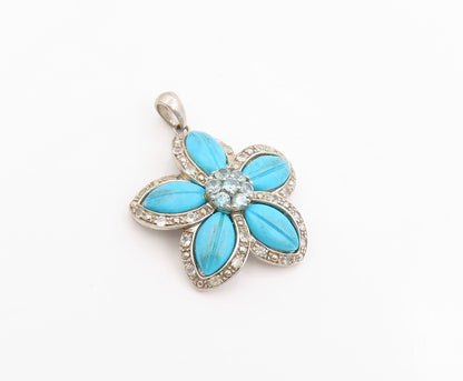 925 Sterling Silver Vintage Pendant Turquoise & Blue Topaz Floral Petal  PT26109