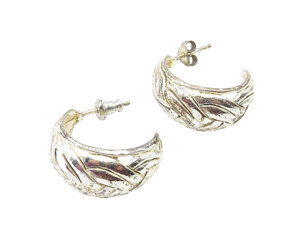 925 Sterling Silver  Vintage Shiny Braided Pattern JHoop Earrings  EG5692