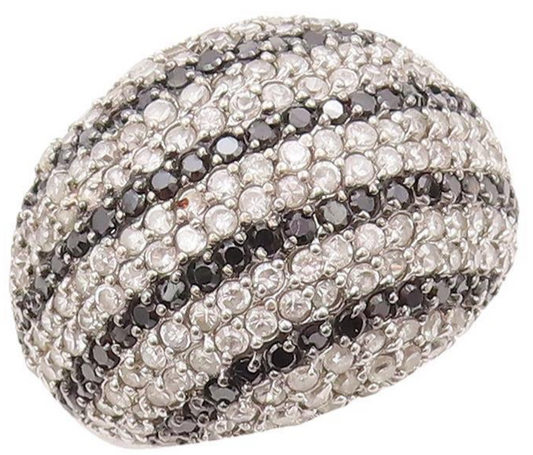 925 Sterling Silver Vintage Ring Domed Beaded Black White Topaz  Sz 7.5  RG28466