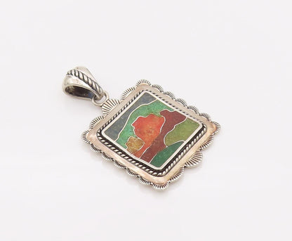 CAROLYN POLLACK 925 Silver  Vintage Inlay Landscape Square Pendant  PT22174