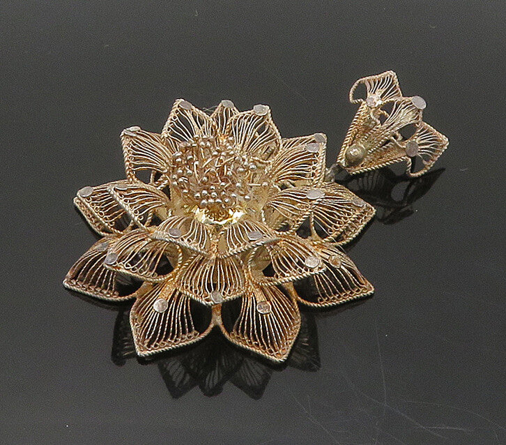 925 Sterling Silver  Vintage Shiny Filigree Flower Motif Pendant  PT15500