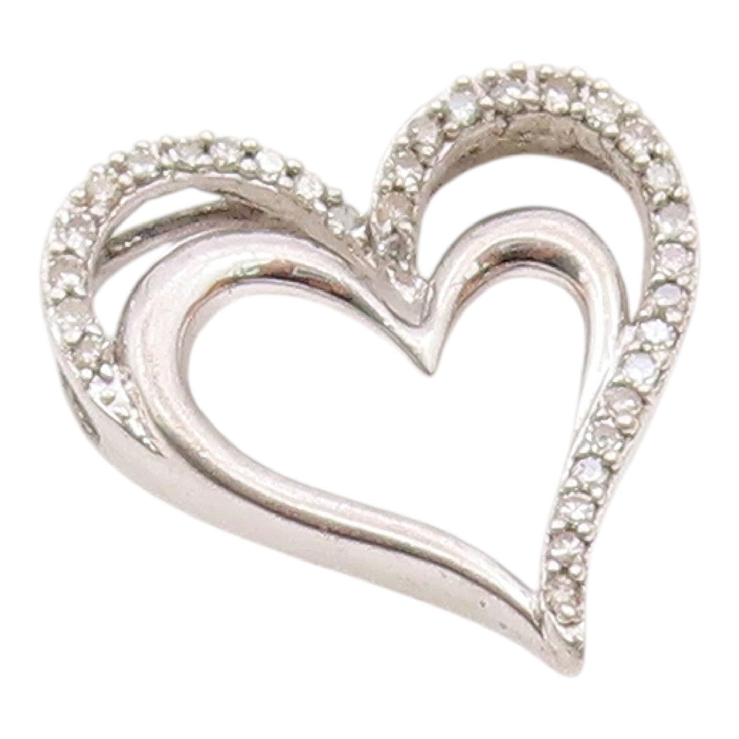 925 Sterling Silver  Vintage Genuine Diamonds Open Love Hearts Pendant  PT7516