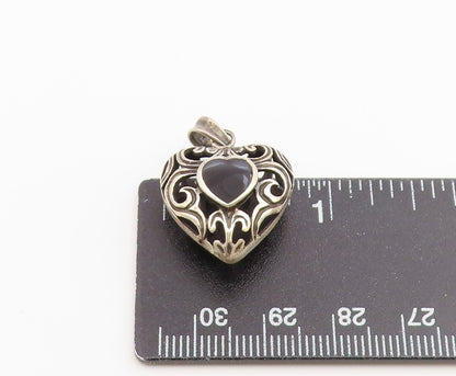 925 Sterling Silver Vintage Pendant Onyx Open Scrollwork Love Heart  PT26544