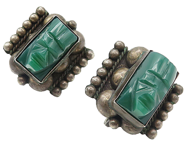MEXICO 925 Silver  Vintage Antique Green Onyx Face Non Pierce Earrings  EG3964