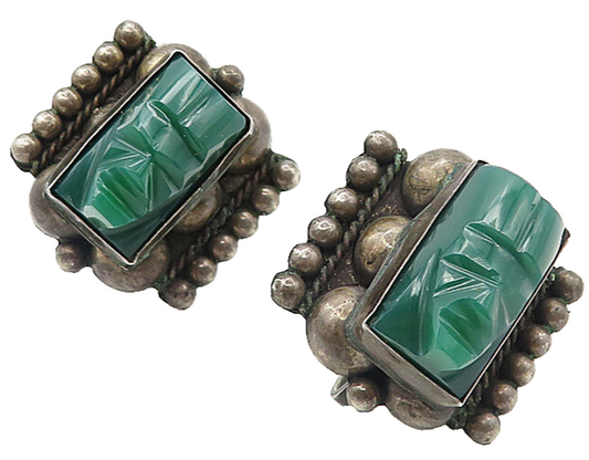 MEXICO 925 Silver  Vintage Antique Green Onyx Face Non Pierce Earrings  EG3964