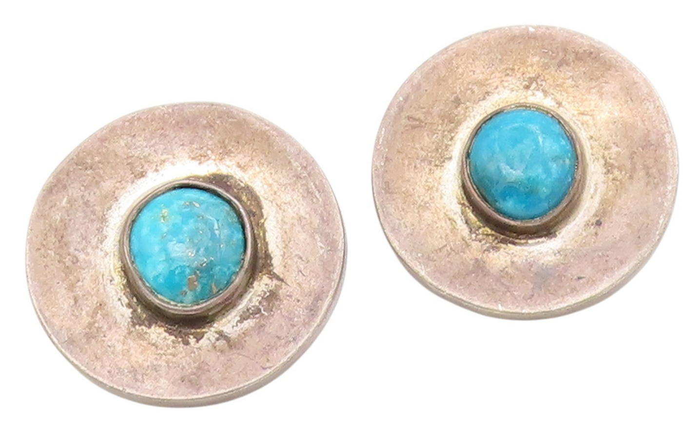 925 Sterling Silver Vintage Earrings MEXICO Turquoise Circular Clip On  EG13955