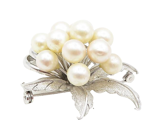 925 Sterling Silver  Vintage Pearls Floral Leaf Swirl Shiny Brooch Pin  BP3366