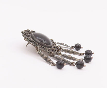 925 Sterling Silver Vintage Earrings Floral Carved Onyx Beaded Dangles  EG12916