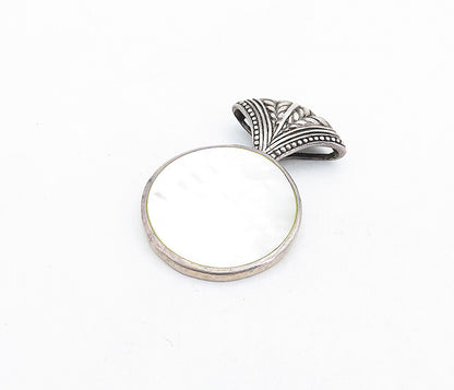 925 Sterling Silver  Vintage Mother Of Pearl Round Wheat Detail Pendant PT3988