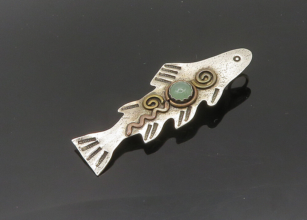 DESIGNER 925 Silver  Vintage Cabochon Jade Two Tone Fish Brooch Pin  BP8020