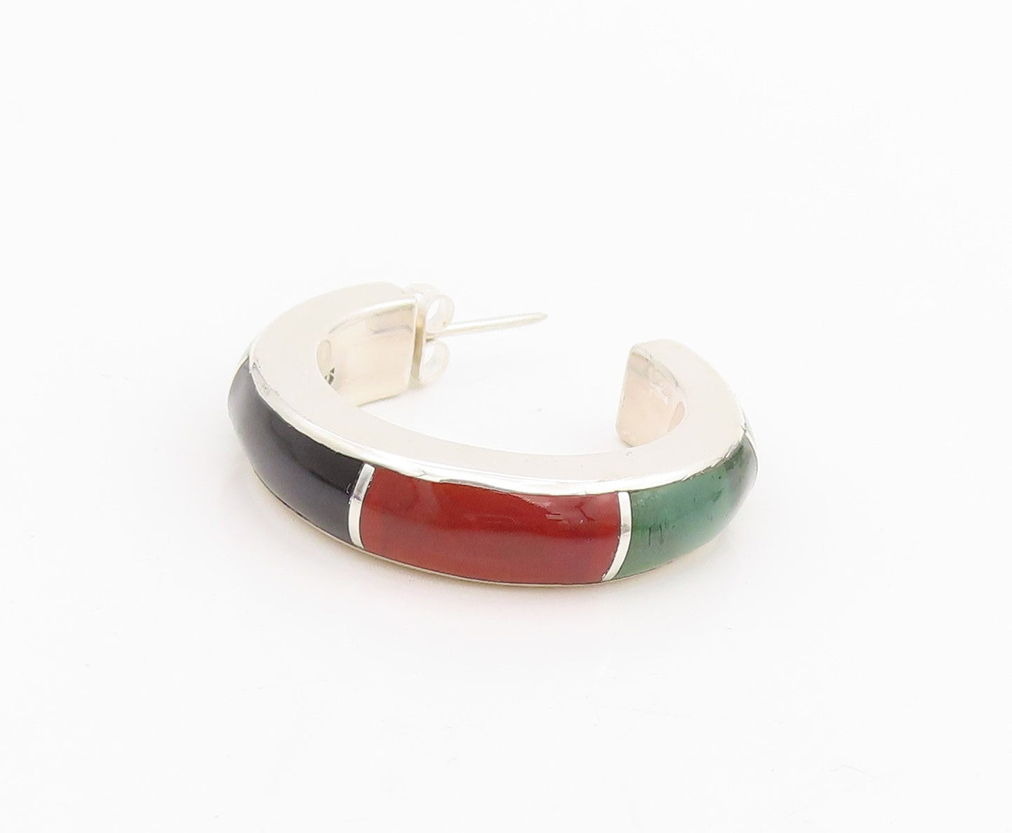 925 Sterling Silver Vintage Earrings MEXICO Multi Gemstone Inlay Hoops  EG13956