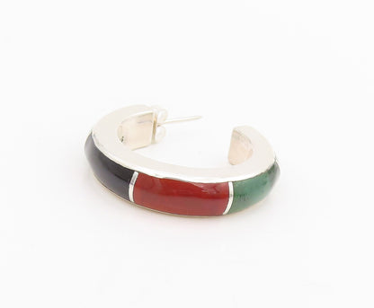 925 Sterling Silver Vintage Earrings MEXICO Multi Gemstone Inlay Hoops  EG13956
