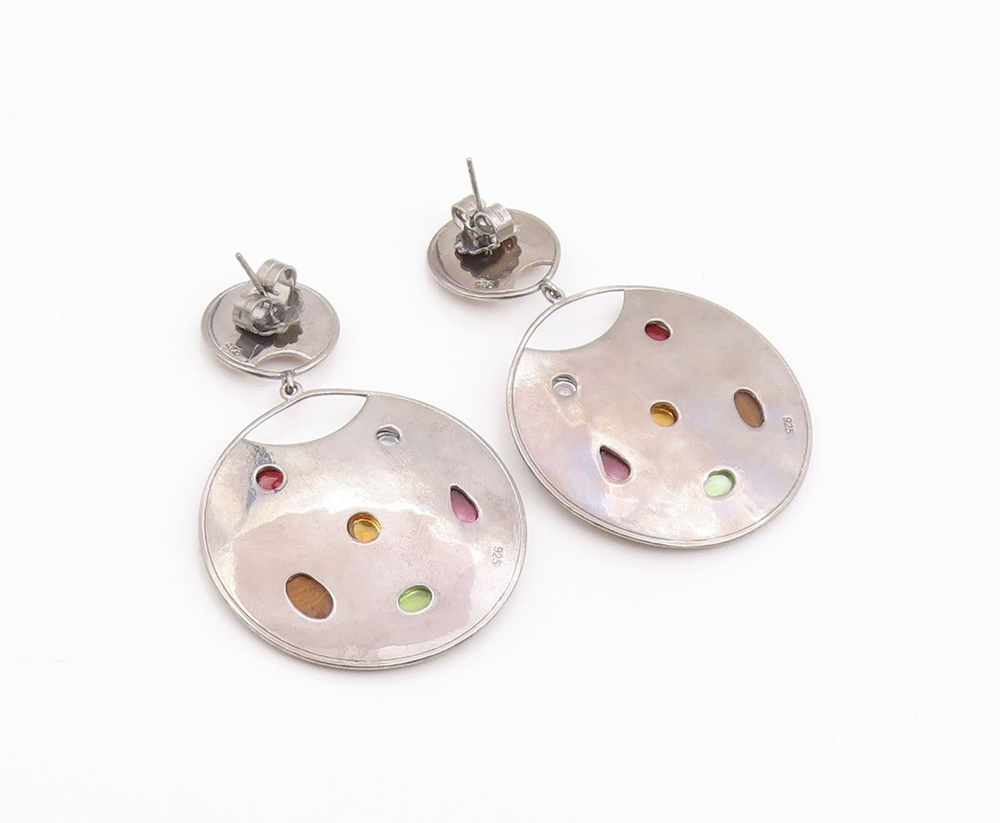 14k Gold & 925 Sterling Silver Vintage Earrings Real Gemstone Discs  EG14226