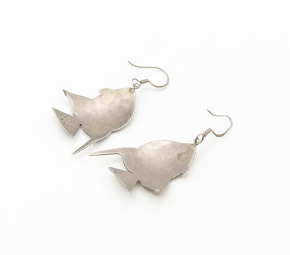 MEXICO 925 Sterling Silver  Vintage Hammered Fish Motif Dangle Earrings EG8498