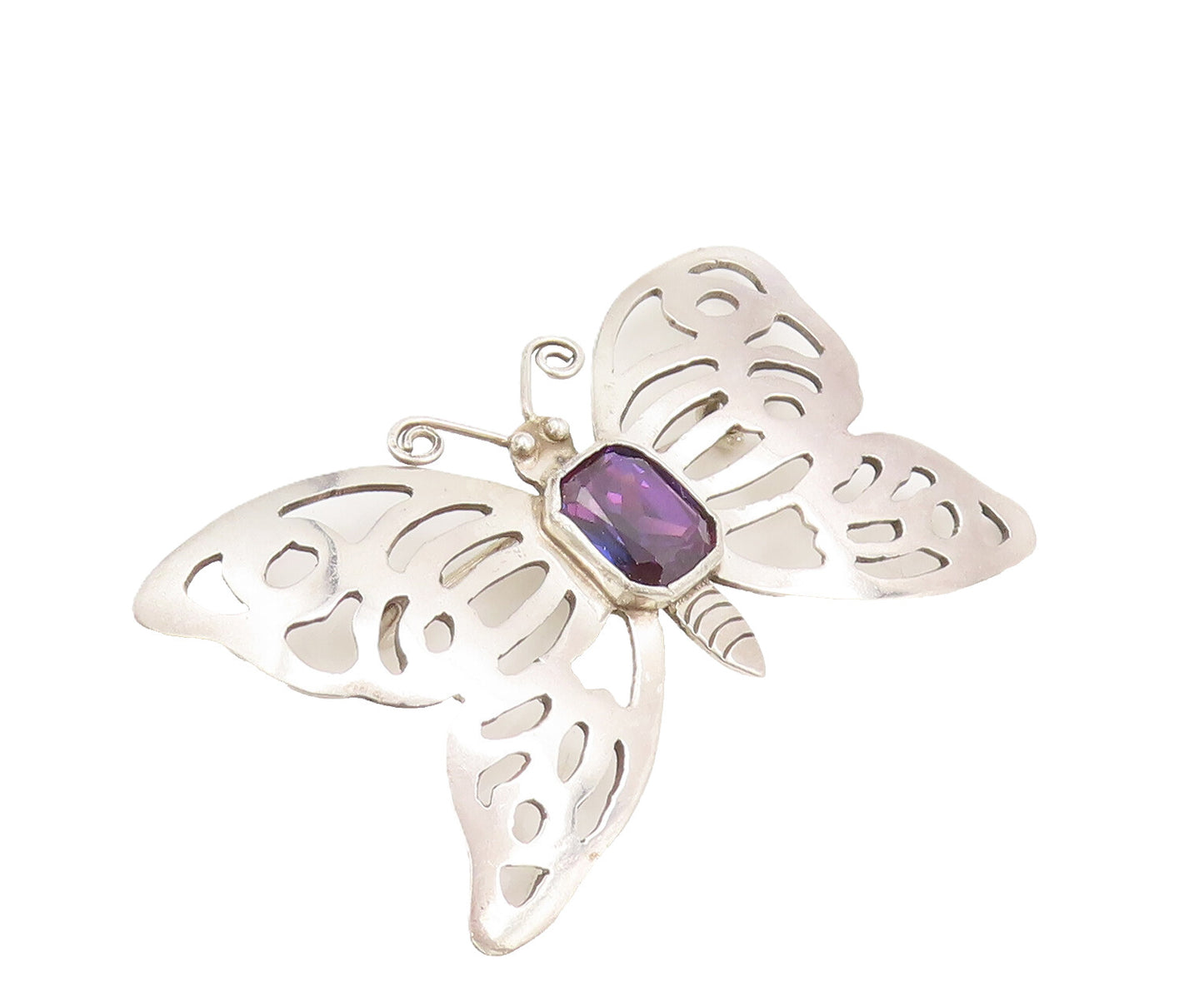 925 Silver  Vintage Spinel Lab Amethyst Stencil Butterfly Brooch Pin  BP10520