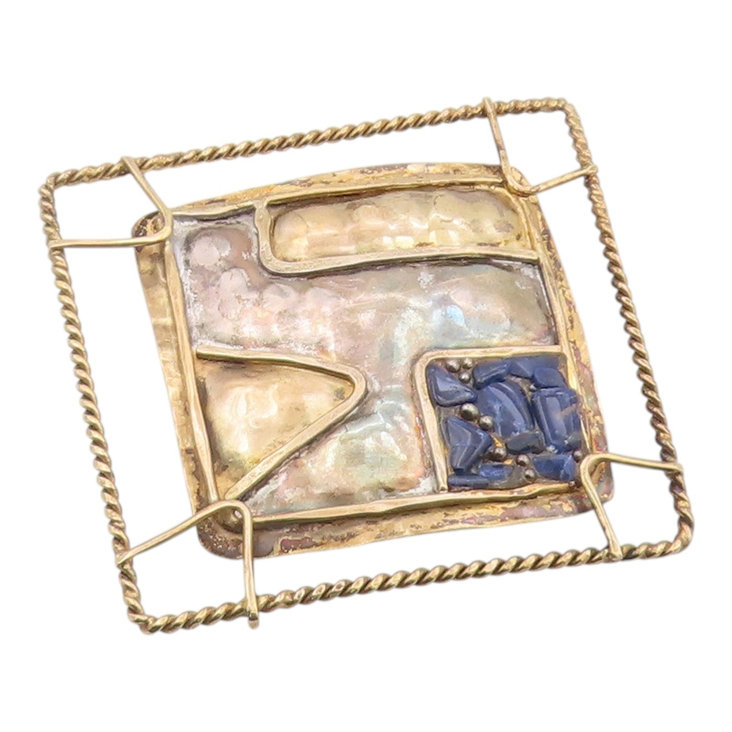 925 Sterling Silver Vintage Brooch Pin DE LILLO Lapis Lazuli Wire Grid  BP12582