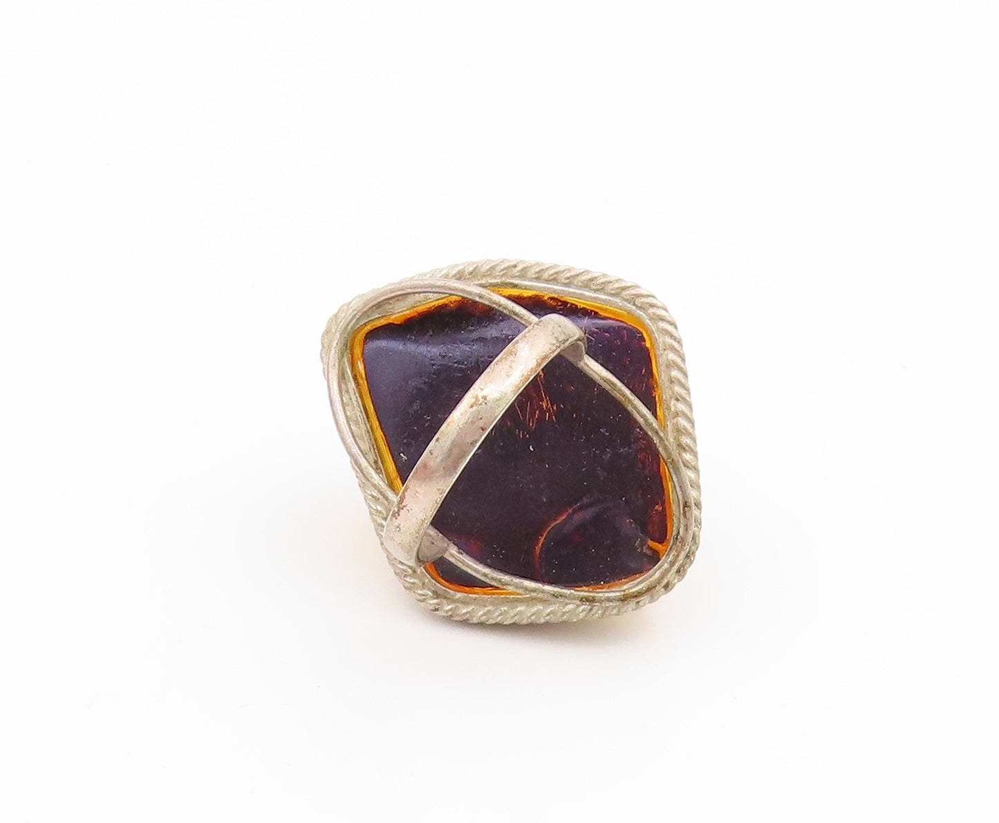 925 Sterling Silver Vintage Ring Baltic Honey Amber Cabochon Band  Sz 7  RG34426