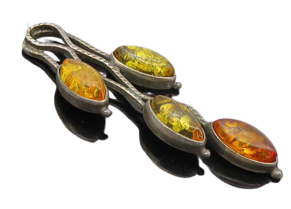 925 Sterling Silver  Vintage Marquise Amber Oxidized Floral Pendant  PT7619
