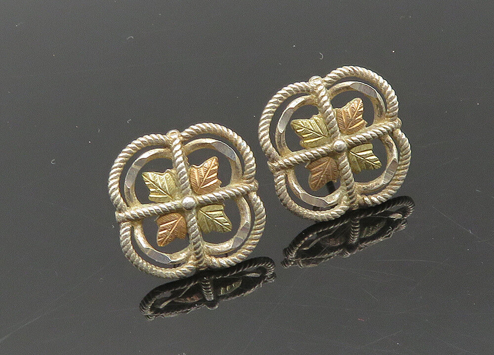 925 Silver & 12K GOLD  Vintage Two Tone Floral Leaf Drop Earrings  EG10388