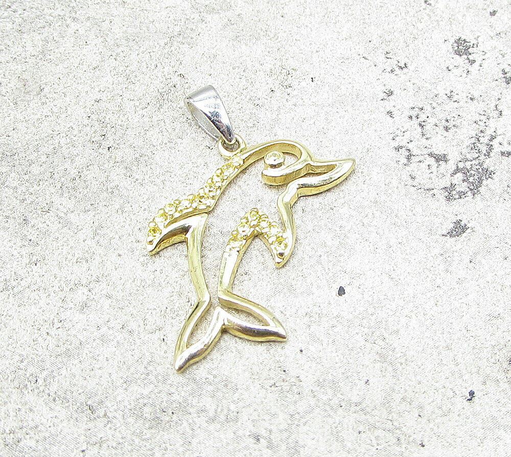 Gold Over 925 Sterling Silver Cubic Zirconia Dolphin Drop Pendant PT1362