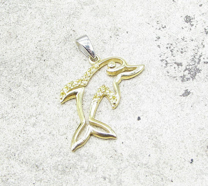 Gold Over 925 Sterling Silver Cubic Zirconia Dolphin Drop Pendant PT1362