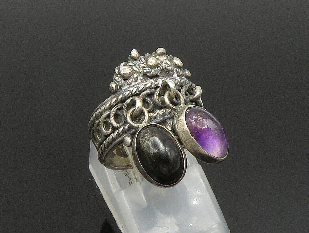 925 Silver  Vintage Rope Twist Onyx & Amethyst Dangle Ring Sz 5  RG24427