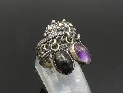 925 Silver  Vintage Rope Twist Onyx & Amethyst Dangle Ring Sz 5  RG24427