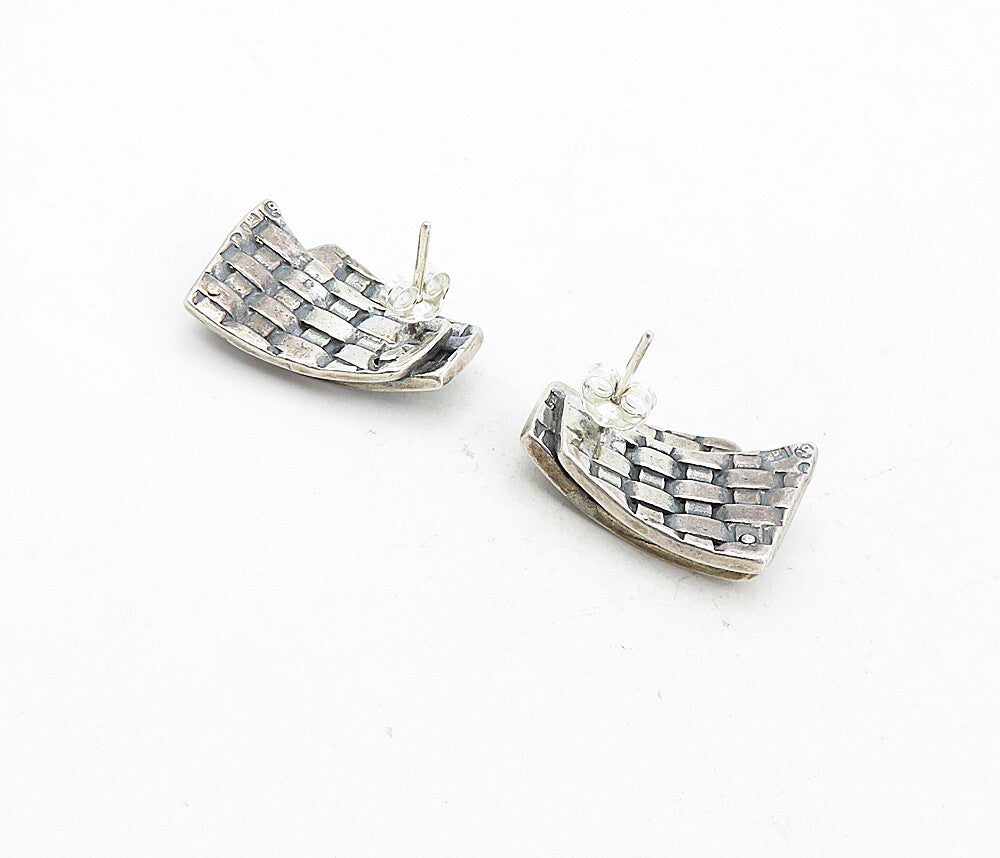 925 Sterling Silver  Vintage Modernist Basket Weave Drop Earrings  EG4047
