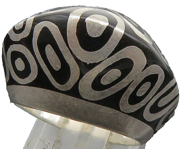 FLLI MENEGATTI 925 Silver  Vintage Black Enamel Dome Band Ring Sz 6  RG24019