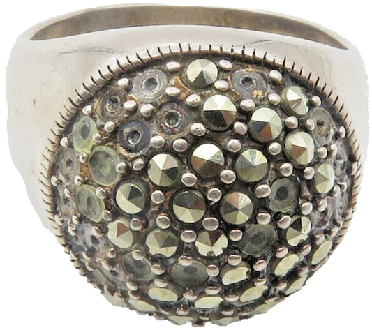 925 Sterling Silver  Vintage Shiny Marcasite Dome Cocktail Ring Sz 8  RG11971