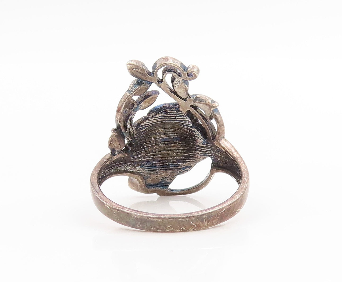 925 Sterling Silver Vintage Ring CZ Carved Floral Rose Blossom  Sz 11  RG34145