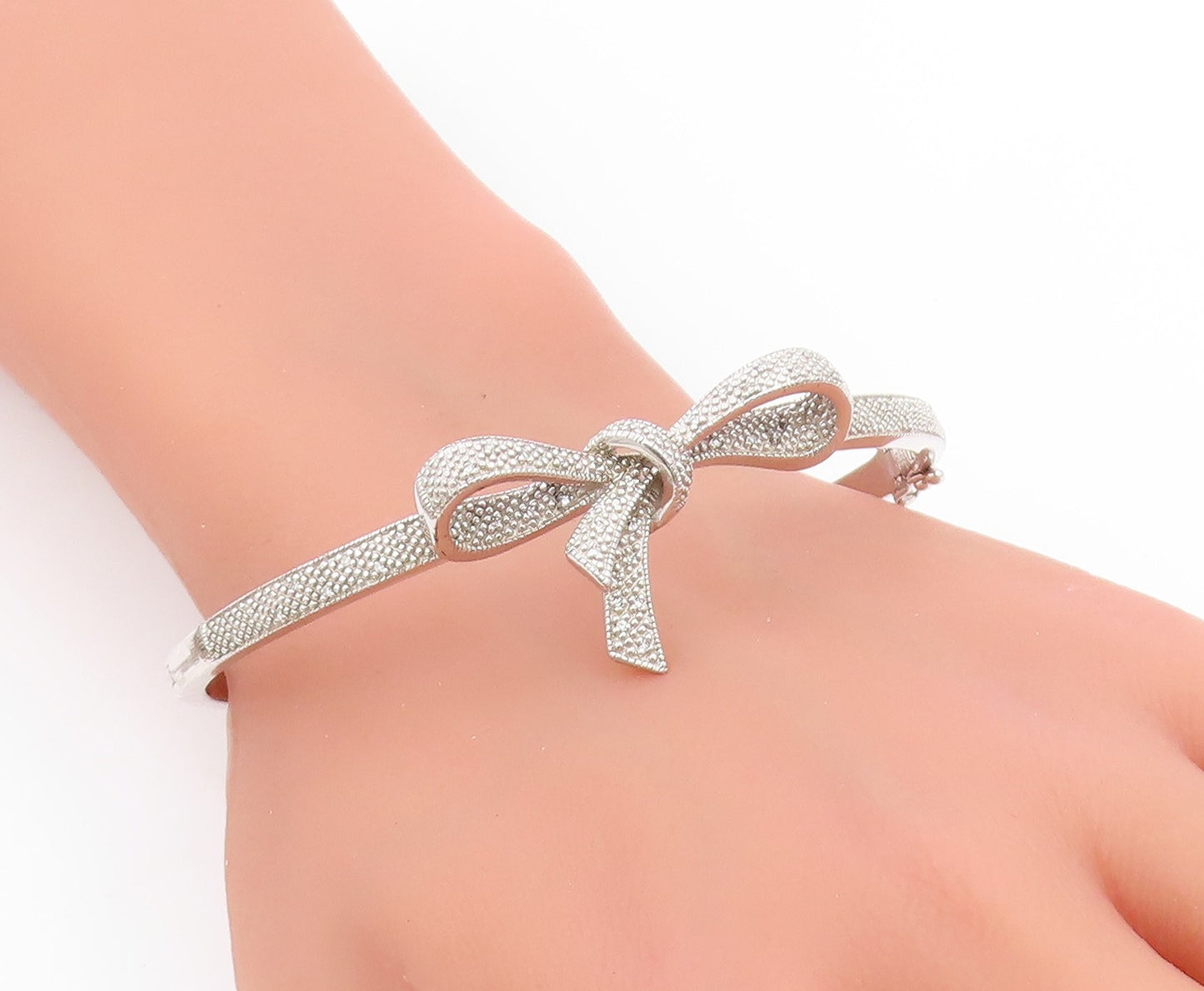 925 Sterling Silver Vintage Bracelet Genuine Diamonds Ribbon Bow Bangle  BT11803