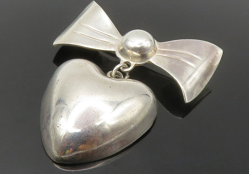 MEXICO 925 Sterling Silver  Vintage Love Heart Ribbon Bow Brooch Pin  BP5465