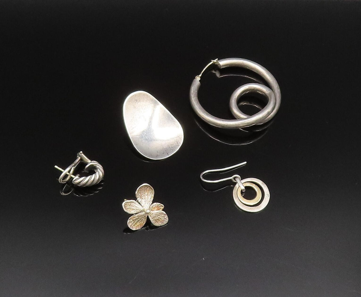 14K GOLD & 925 Silver  Vintage Two Tone Hoop Drop Singles Lot Earrings EG12050