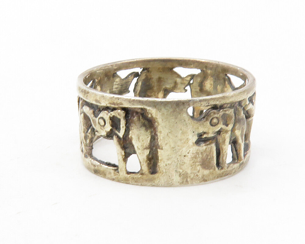 925 Sterling Silver  Vintage Dark Tone Elephants Open Band Ring Sz 6  RG12646
