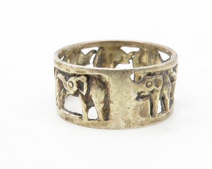 925 Sterling Silver  Vintage Dark Tone Elephants Open Band Ring Sz 6  RG12646