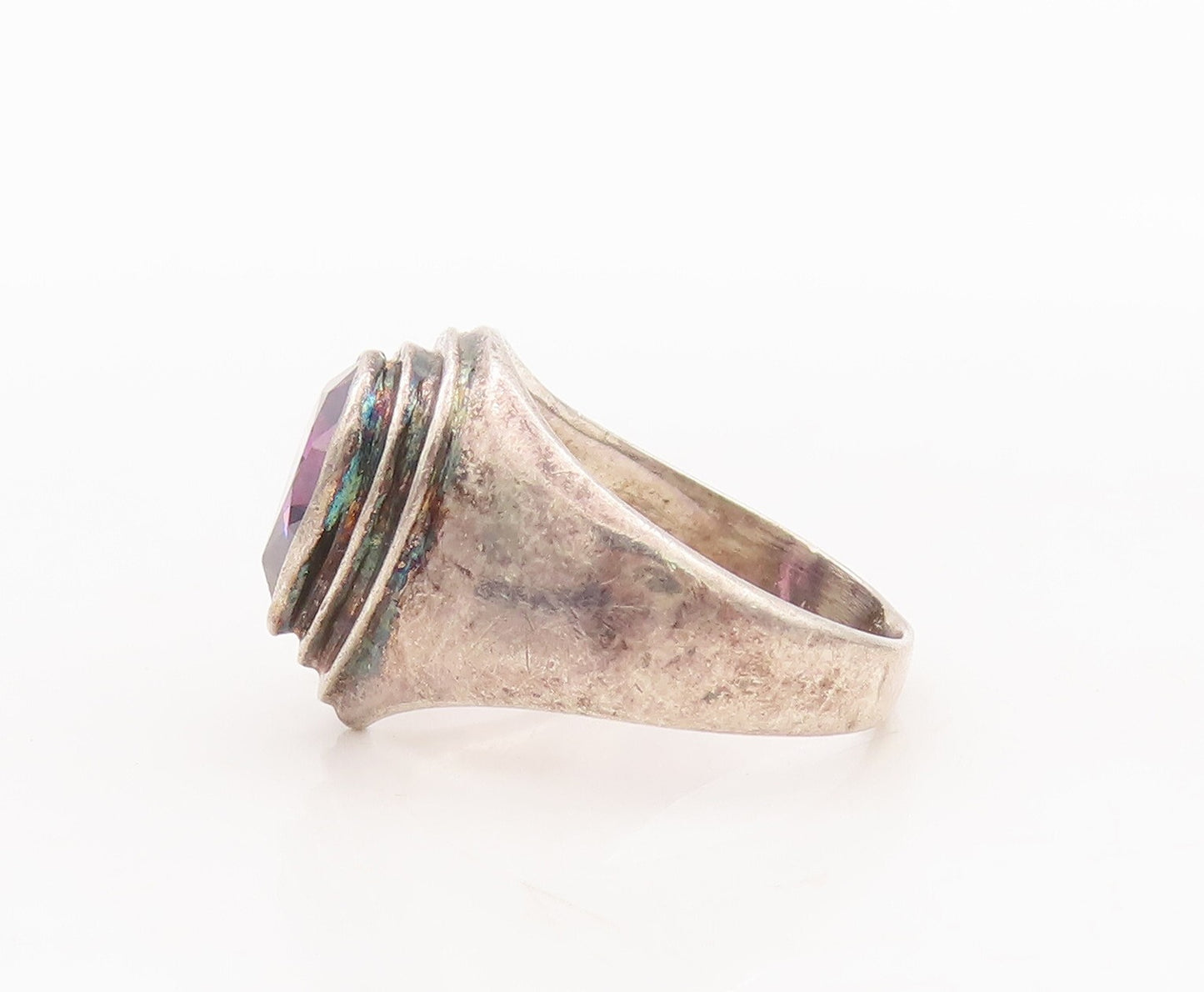 925 Sterling Silver Vintage Ring Drop Shape Step Carved Amethyst  Sz 7  RG29075