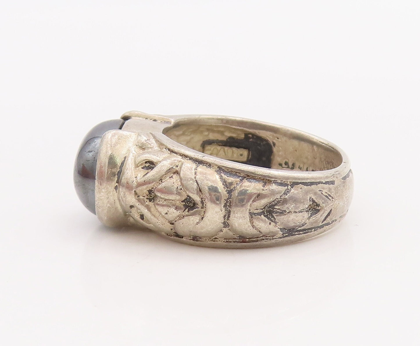 925 Sterling Silver Vintage Ring DAVID SIGAL Carved Oval Hematite Sz 7.5 RG28891