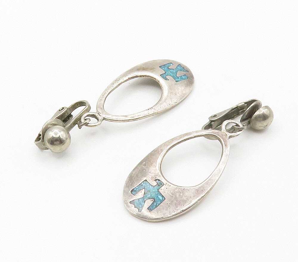 SOUTHWESTERN 925 Silver Vintage Inlaid Turquoise Peyote Drop Earrings EG7544