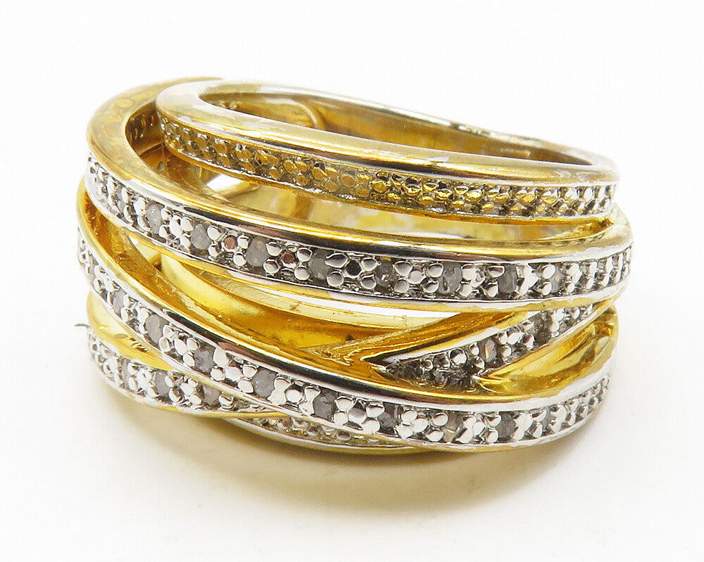 925 Sterling Silver  Genuine Diamonds Gold Plated Split Band Ring Sz 7 RG11714