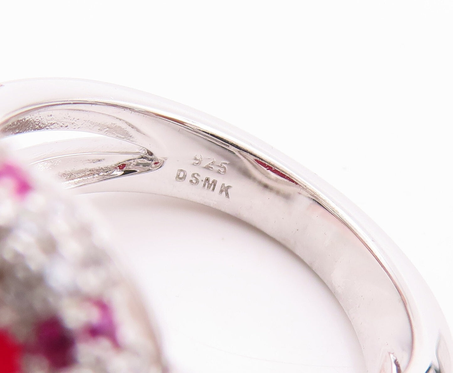 925 Sterling Silver Vintage Ring Cabochon Red Halo Pink White CZ Sz 7.5  RG29810