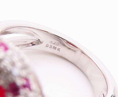 925 Sterling Silver Vintage Ring Cabochon Red Halo Pink White CZ Sz 7.5  RG29810