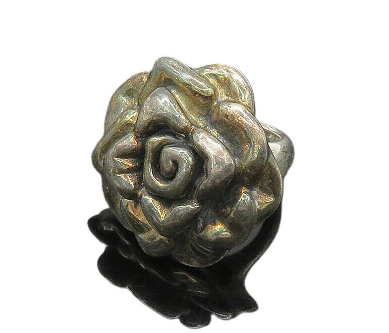 925 Sterling Silver  Vintage Dark Tone Rose Flower Band Ring Sz 7.5  RG20839