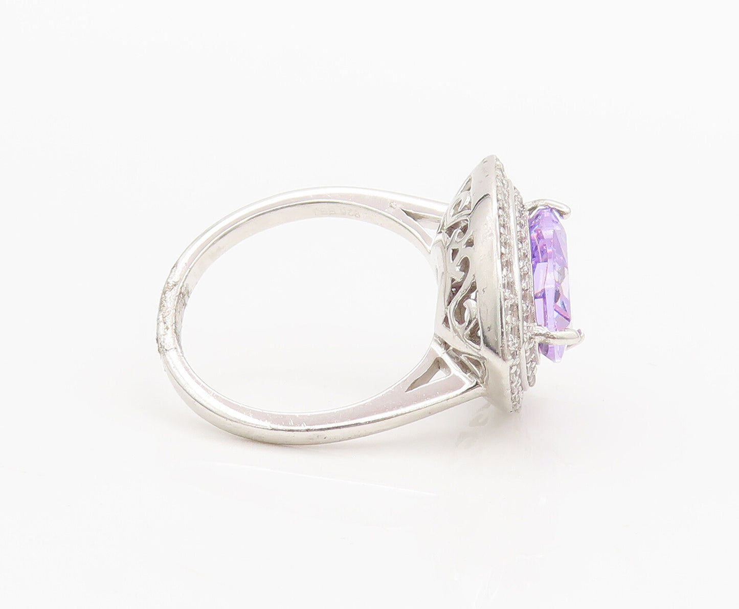 925 Sterling Silver  Vintage Amethyst Triangle Halo White CZ Ring Sz 7 RG26979
